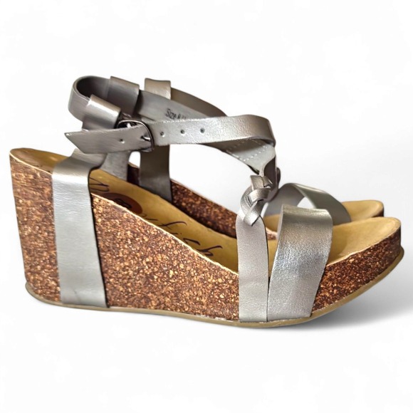 Blowfish Malibu Hazard Braid Wedge Sandals Silver Strappy‎ Cork Size 8 - Picture 1 of 8